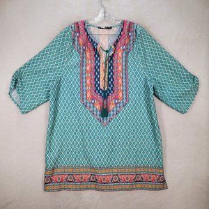 Urban CoCo Teal Diamond Tassel Colorful Beach Bohemian Tunic Shirt Dress